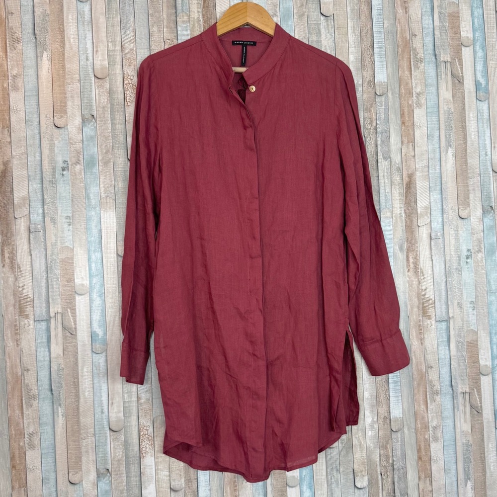 Sarah Pacini 3 Red 100% Linen Mandarin Collar Tunic Shirt Mini Dress Italy 10 12